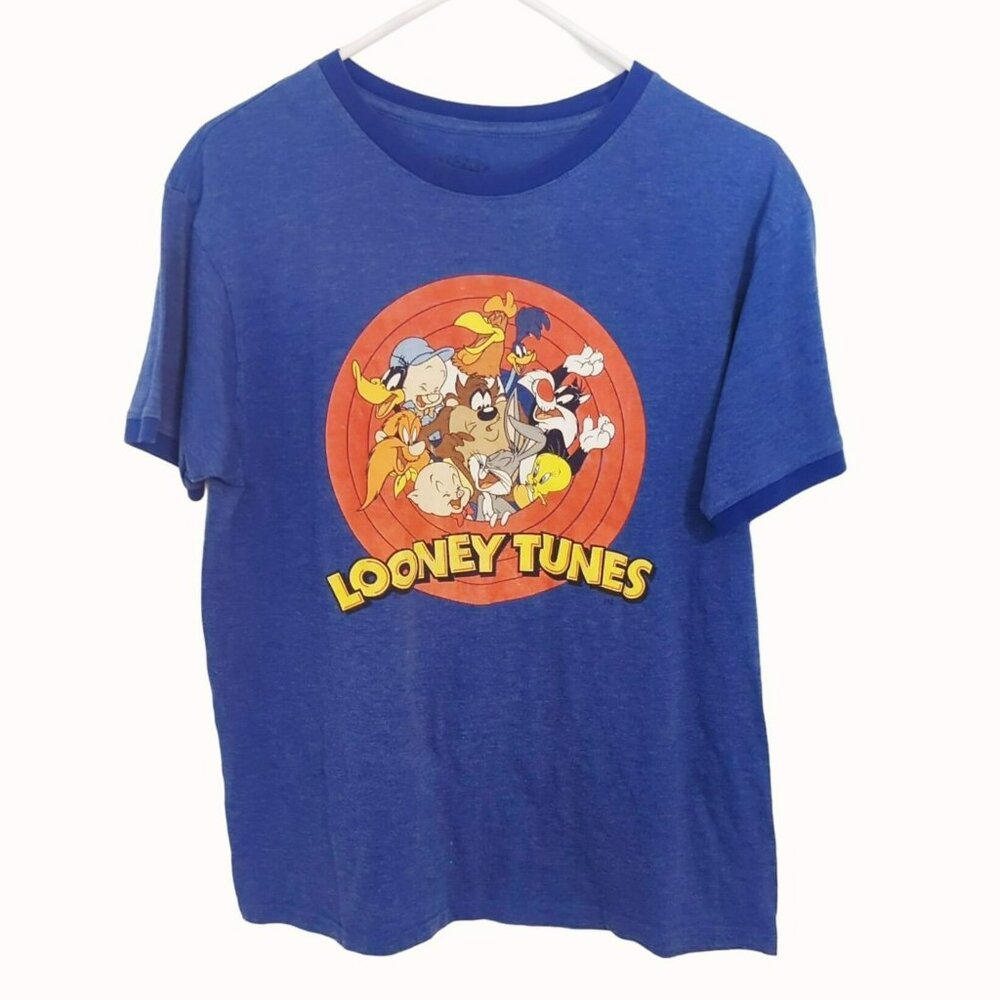 Vintage Looney Tunes Characters Cast Size Medium Blue Ringer Shirt Short Sleeve